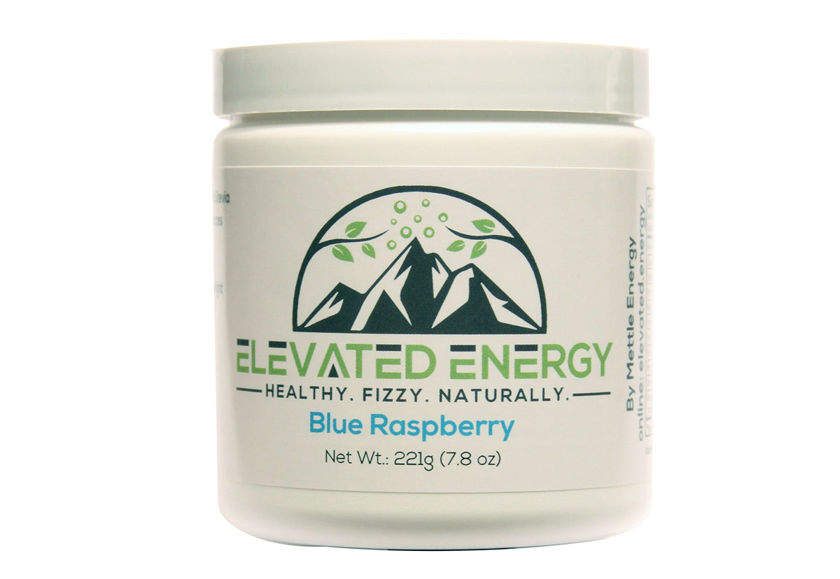 Mettle Energy blue raspberry powder tub ready to mix for a refreshing boost.