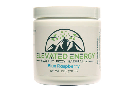 Mettle Energy blue raspberry powder tub ready to mix for a refreshing boost.