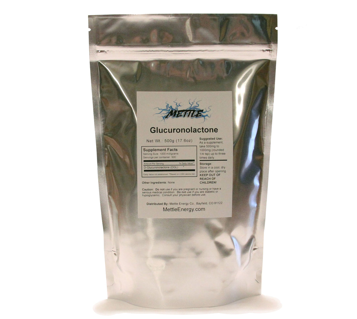 Mettle Energy D-Glucuronolactone powder in a tub for sustained alertness.
