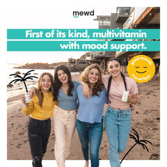MEWD energy-support gummy graphic emphasizes B vitamin richness for daily activity.