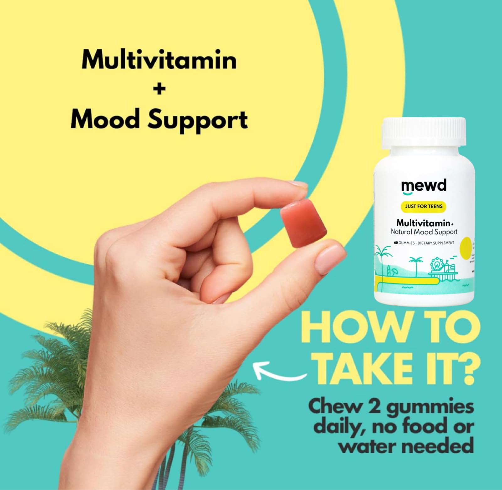 MEWD immune-boost ingredients icon panel shows vitamin C, zinc and iron.