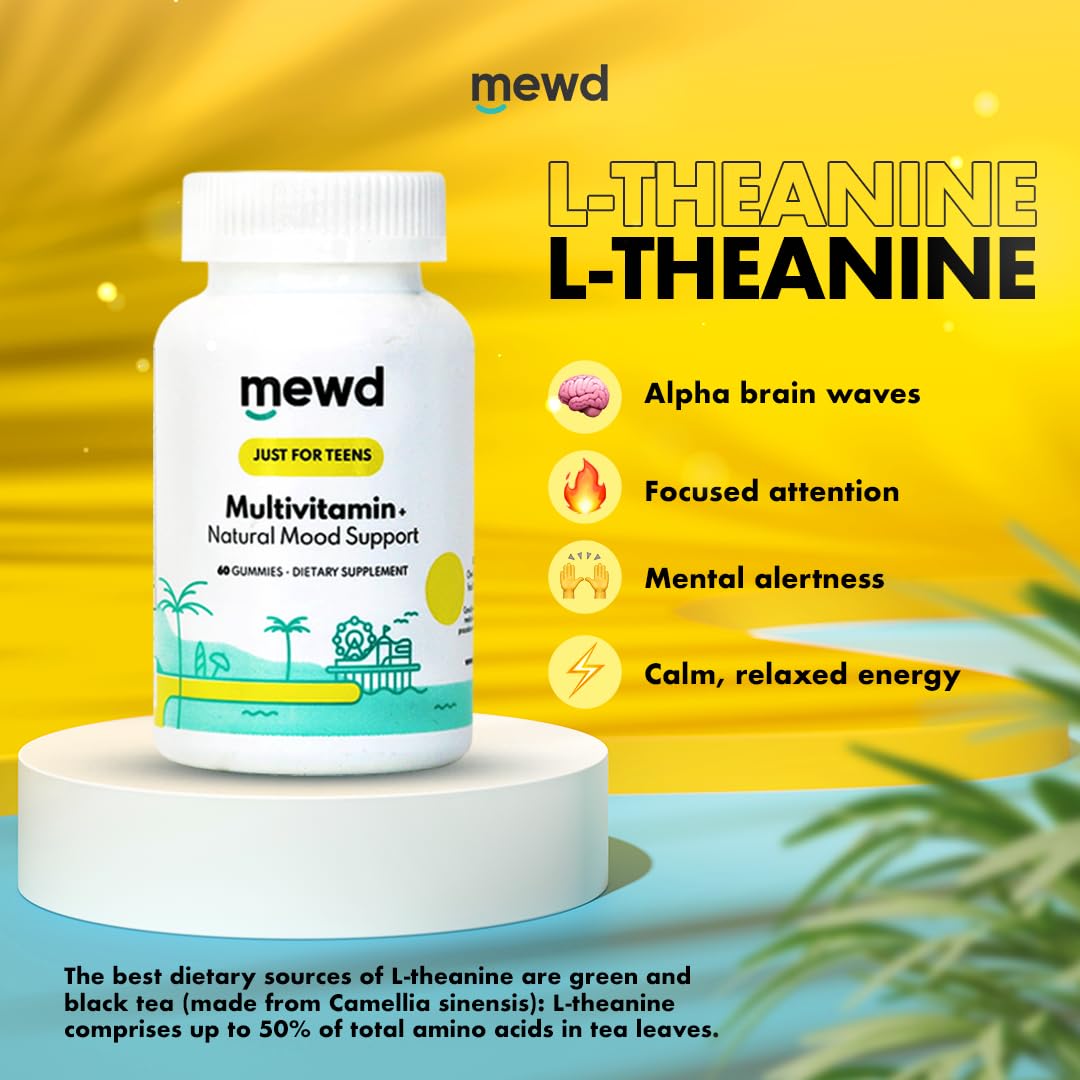 MEWD mood-support gummy close-up showcases L-theanine and B vitamins.