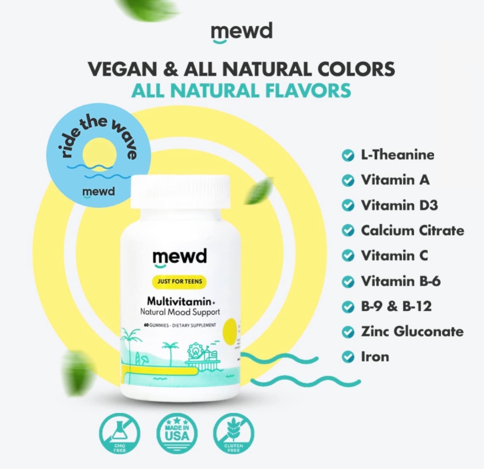 MEWD gummy label highlights vegan, gluten-free features and essential nutrients.