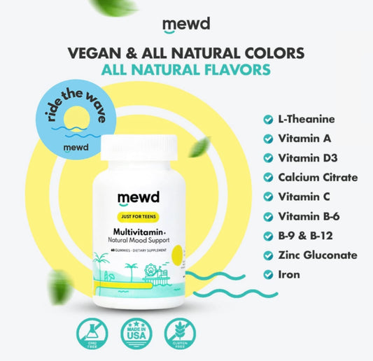MEWD gummy label highlights vegan, gluten-free features and essential nutrients.