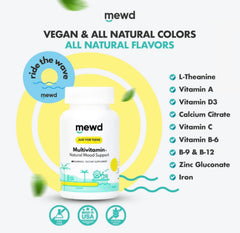 MEWD gummy label highlights vegan, gluten-free features and essential nutrients.