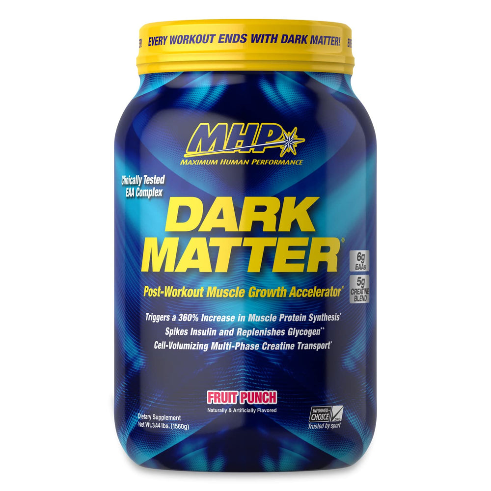 Maximum Human Performance MHP Dark Matter bottle front highlighting post-workout recovery option.