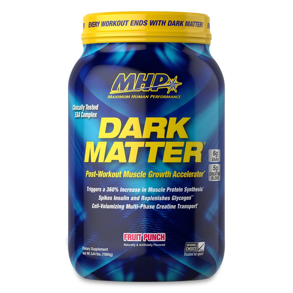 Maximum Human Performance MHP Dark Matter bottle front highlighting post-workout recovery option.