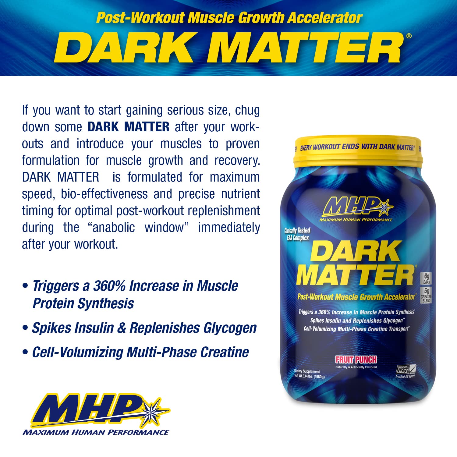 MHP Dark Matter bottle side label showing ingredients designed for fast nutrient delivery.