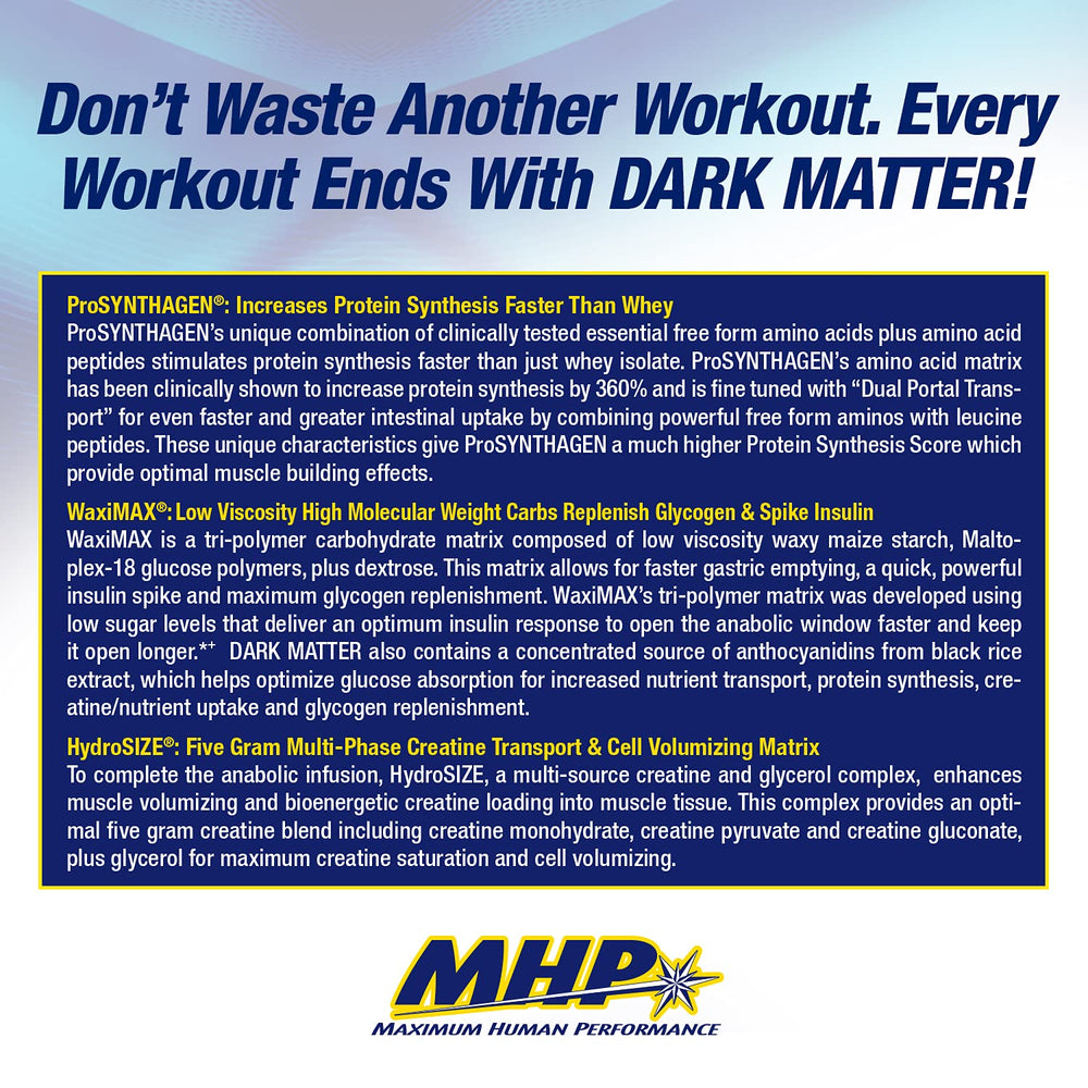 MHP Dark Matter label closeup highlighting ProSYNTHAGEN and WaxiMAX ingredients.