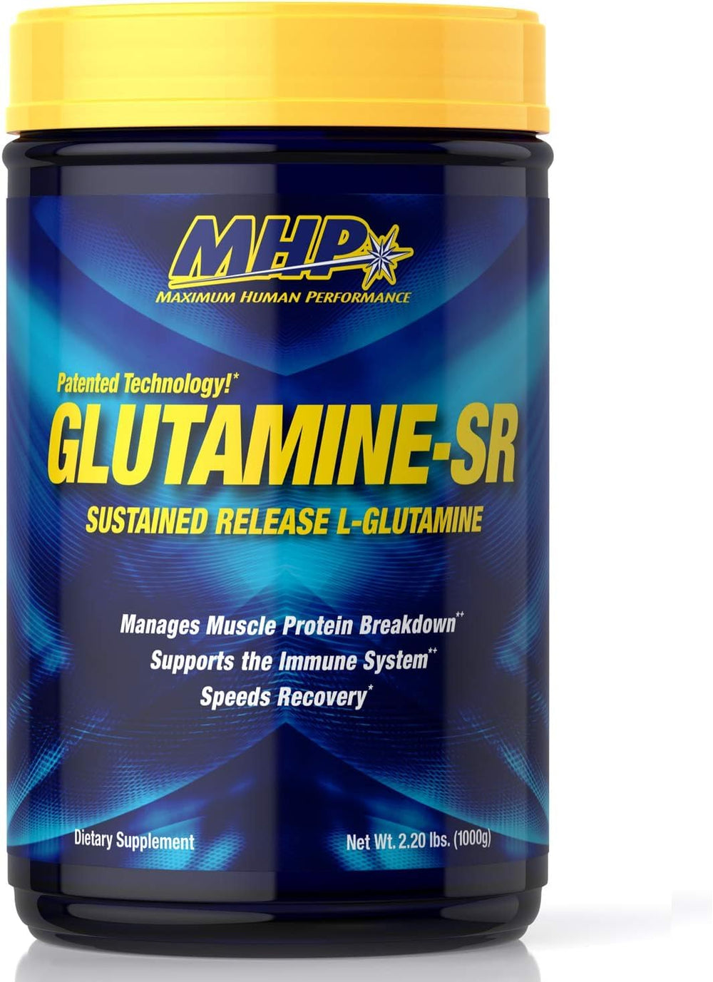 Maximum Human Performance MHP Glutamine SR bottle pour highlights steady-release glutamine for steady recovery