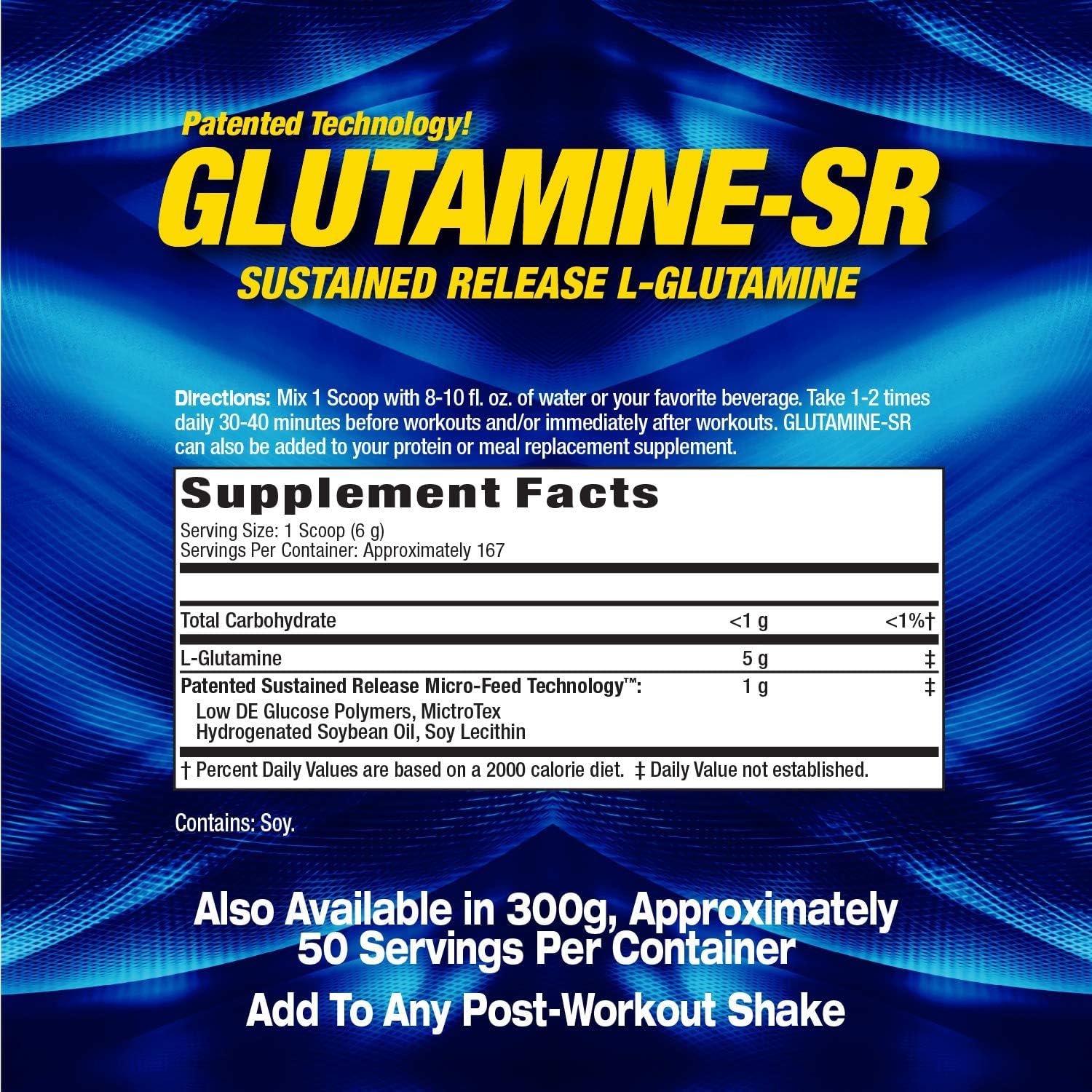 Maximum Human Performance MHP Glutamine SR container front shows immune-support and recovery benefits