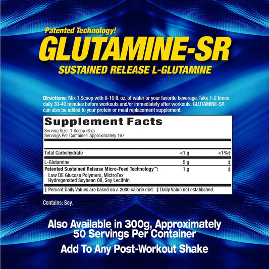 Maximum Human Performance MHP Glutamine SR container front shows immune-support and recovery benefits