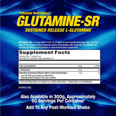 Maximum Human Performance MHP Glutamine SR container front shows immune-support and recovery benefits