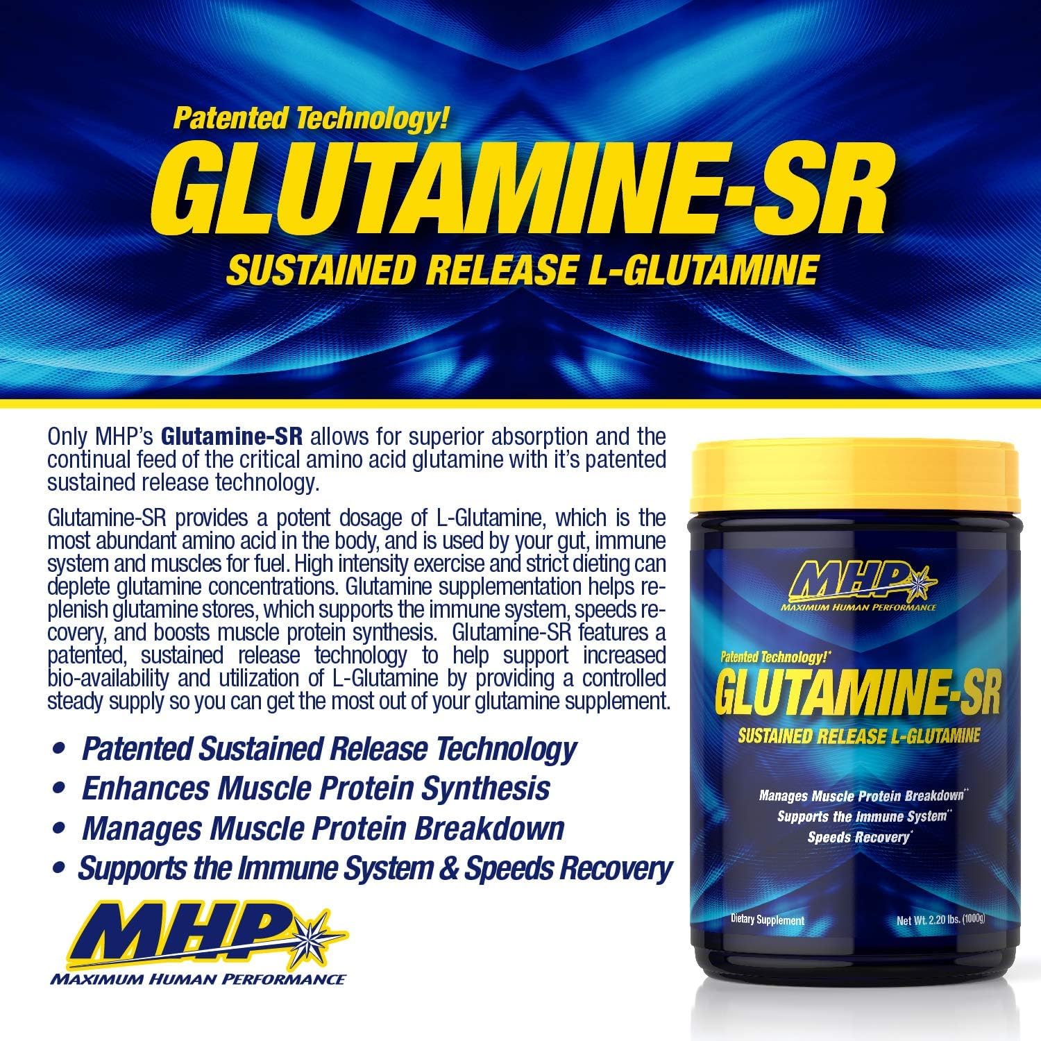 Maximum Human Performance MHP Glutamine SR scoop highlights convenient dosing for muscle recovery support