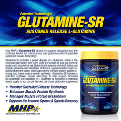 Maximum Human Performance MHP Glutamine SR scoop highlights convenient dosing for muscle recovery support