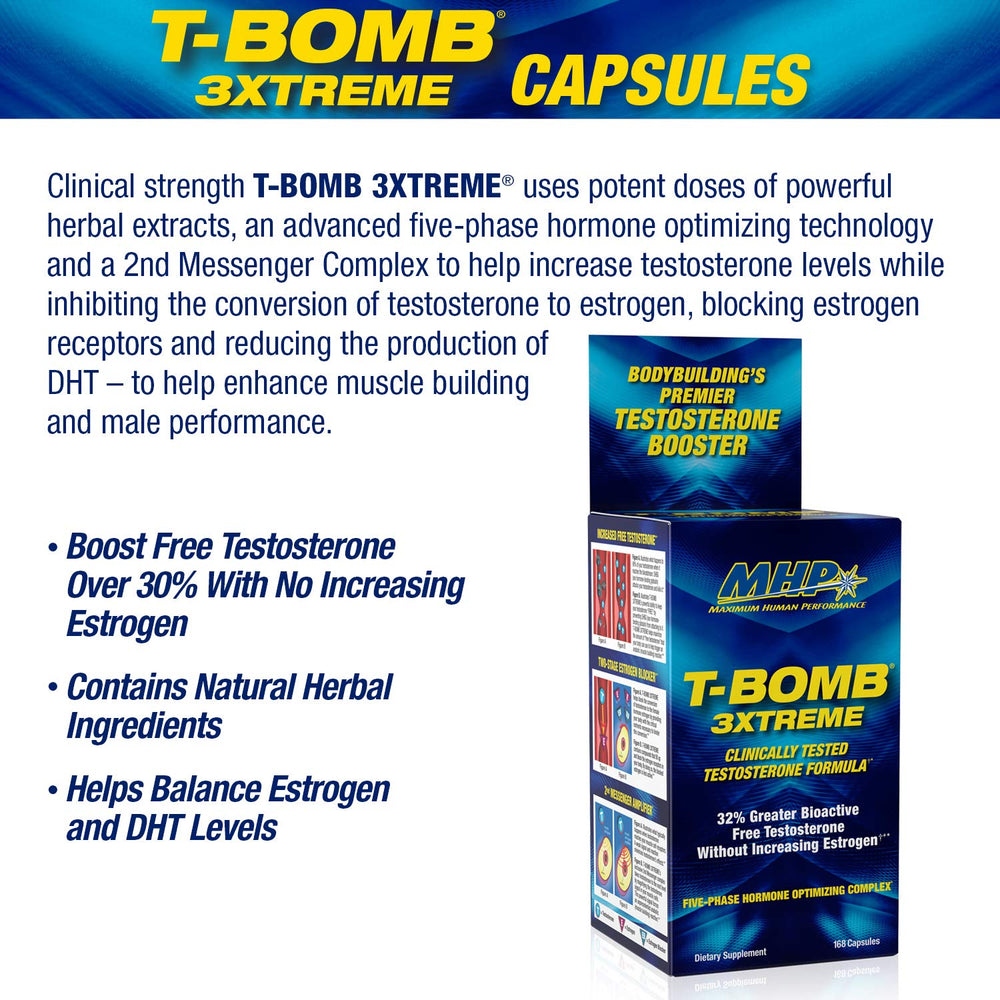 MHP T-Bomb 3xtreme label closeup highlighting clinical-strength blend.