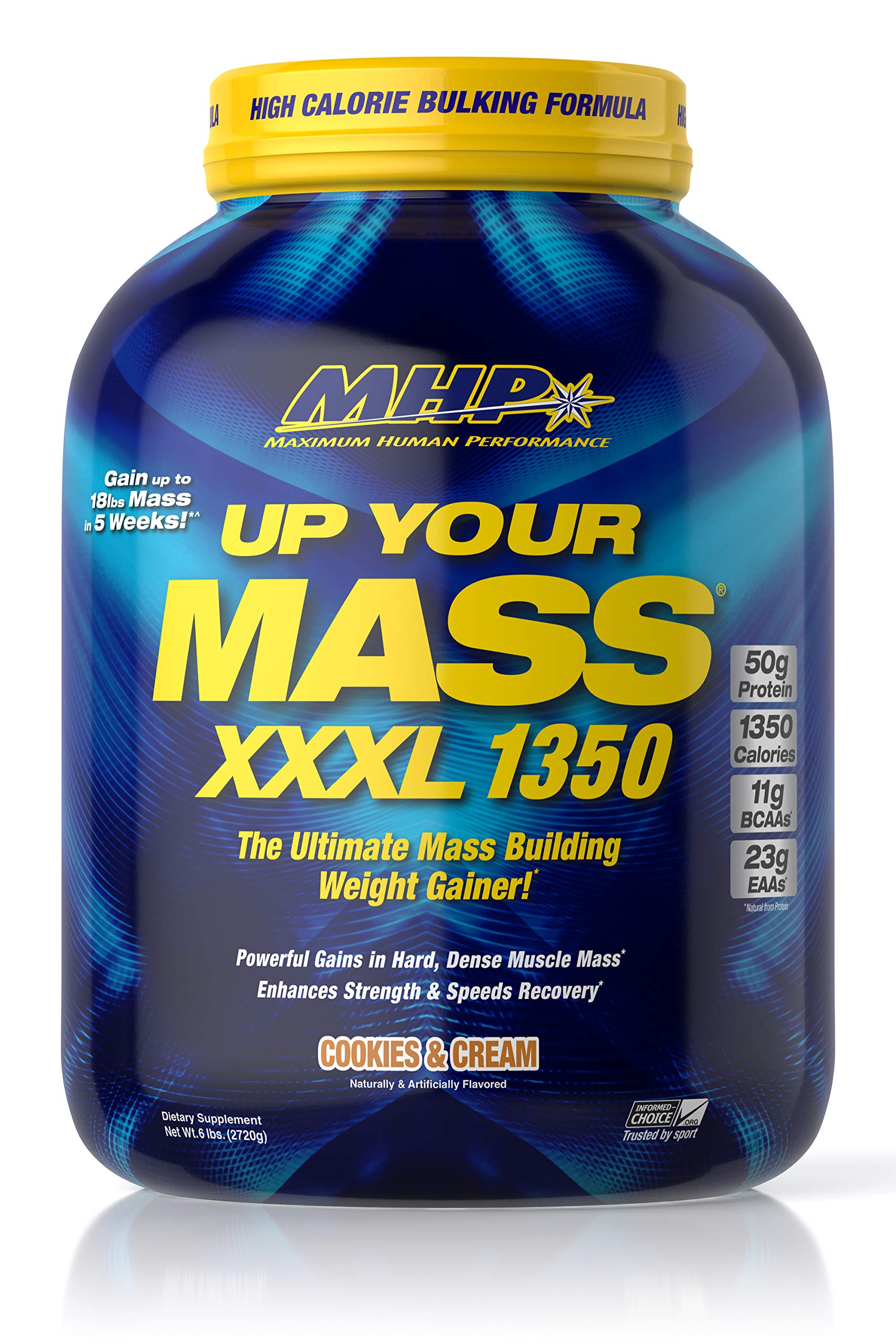 Maximum Human Performance MHP UYM XXXL mass gainer bottle in Cookies and Cream flavor boosts protein intake.