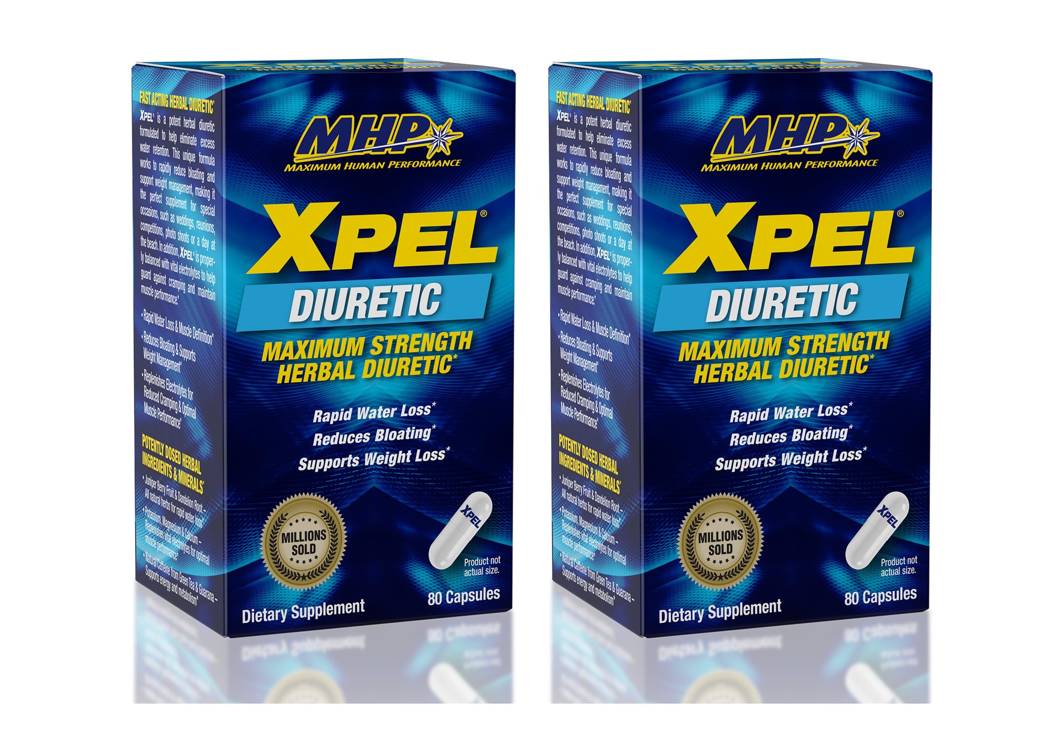 MHP XPEL bottle front view with capsules, hinting at potential water balance support.