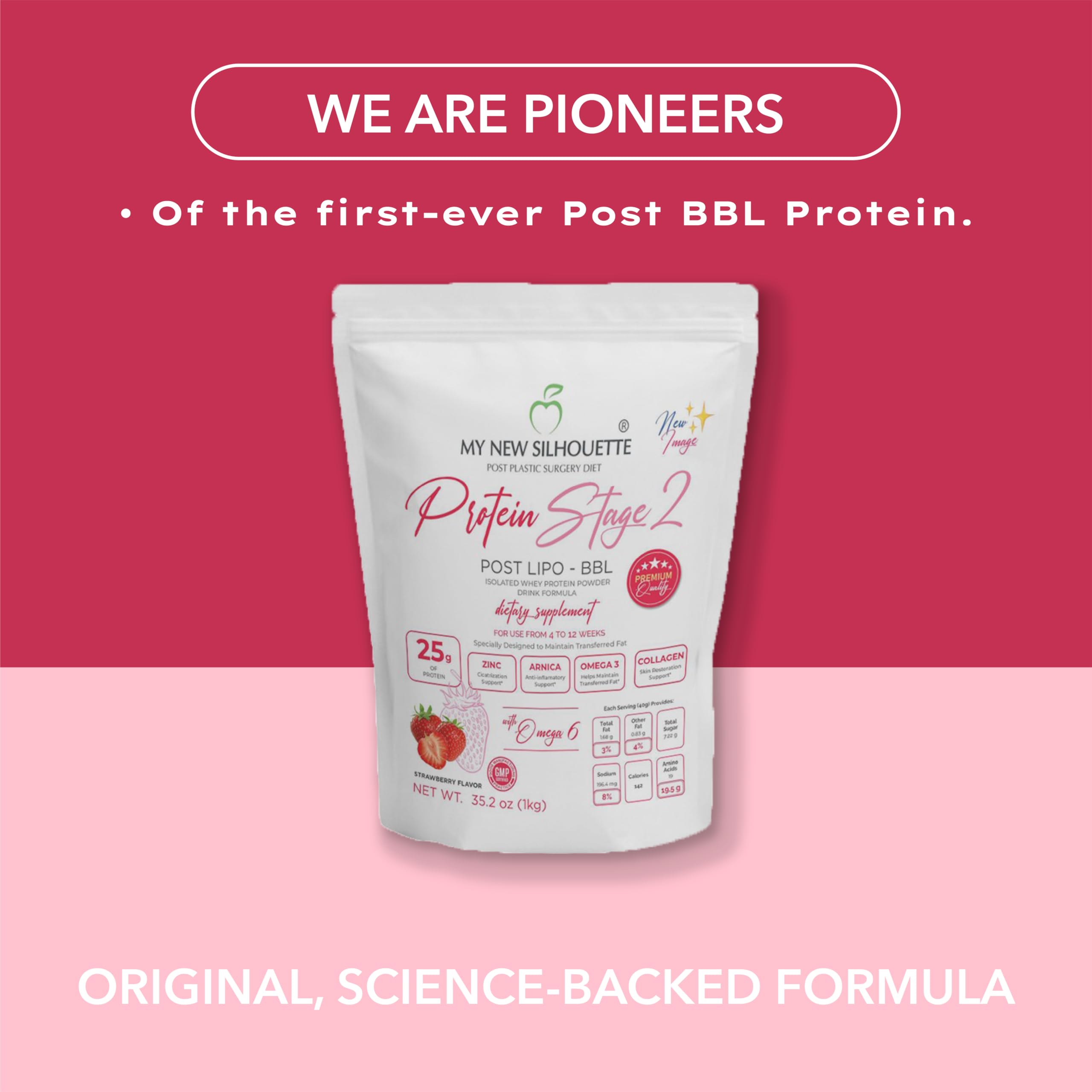 MI NUEVA SILUETA powder-bag-and-tub layout highlights strawberry flavor