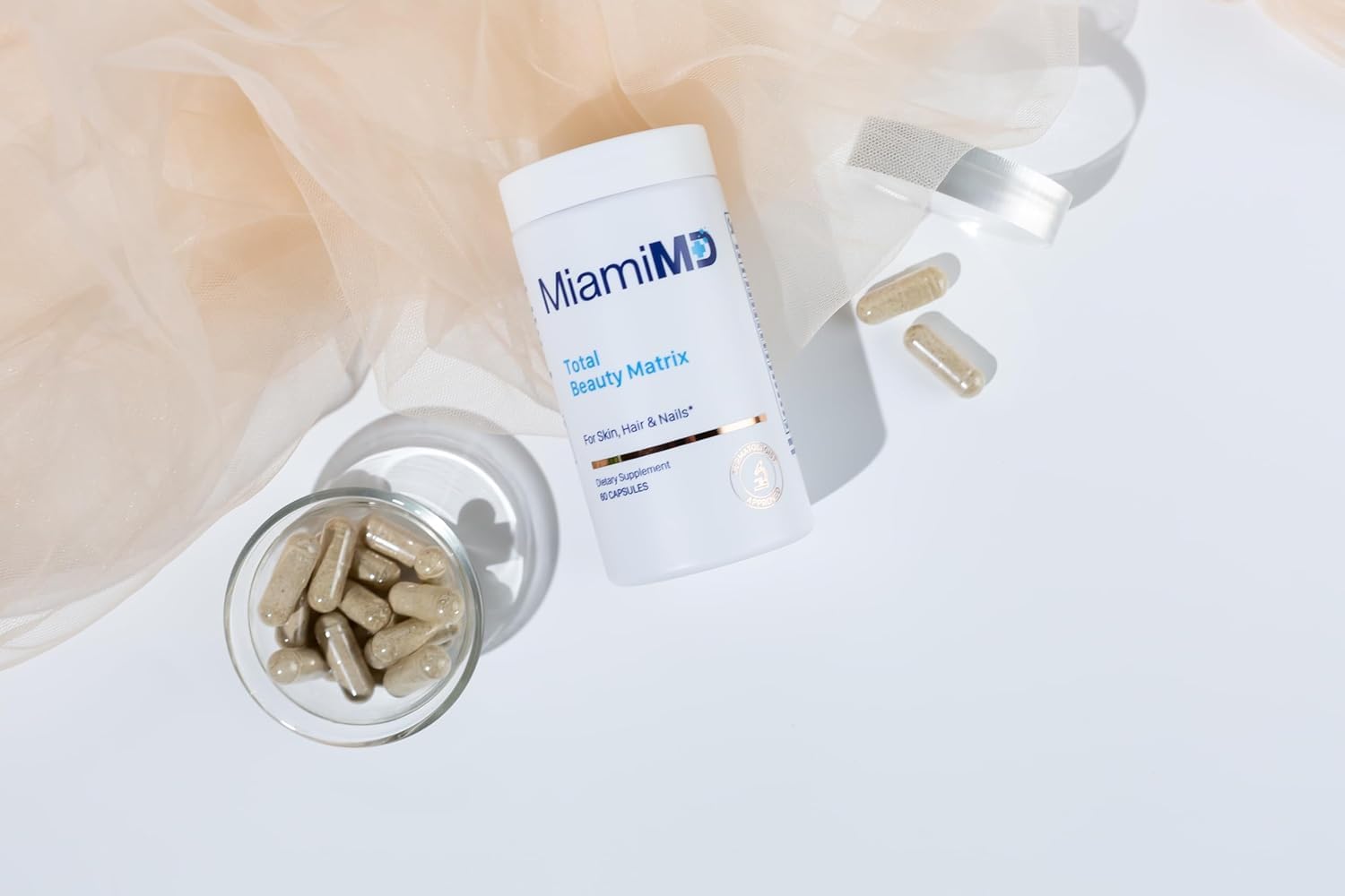 MiamiMD Total Beauty Matrix capsules in hand for convenient daily use