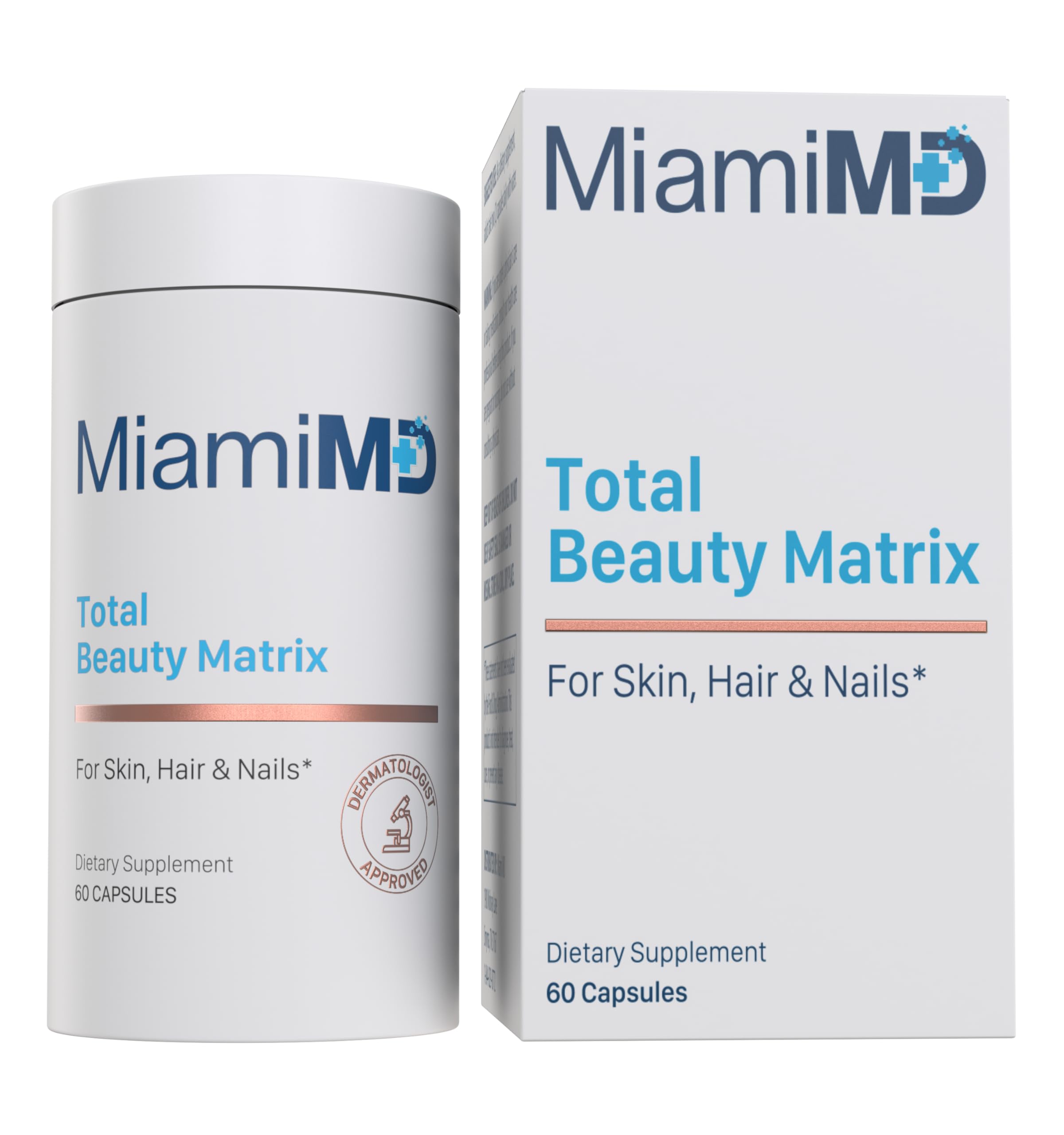 MiamiMD Total Beauty Matrix bottle with capsules signaling hair, skin, and nails support.