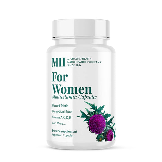 MICHAEL'S Health multivitamin bottle front shows a complete daily nutrient blend for women.