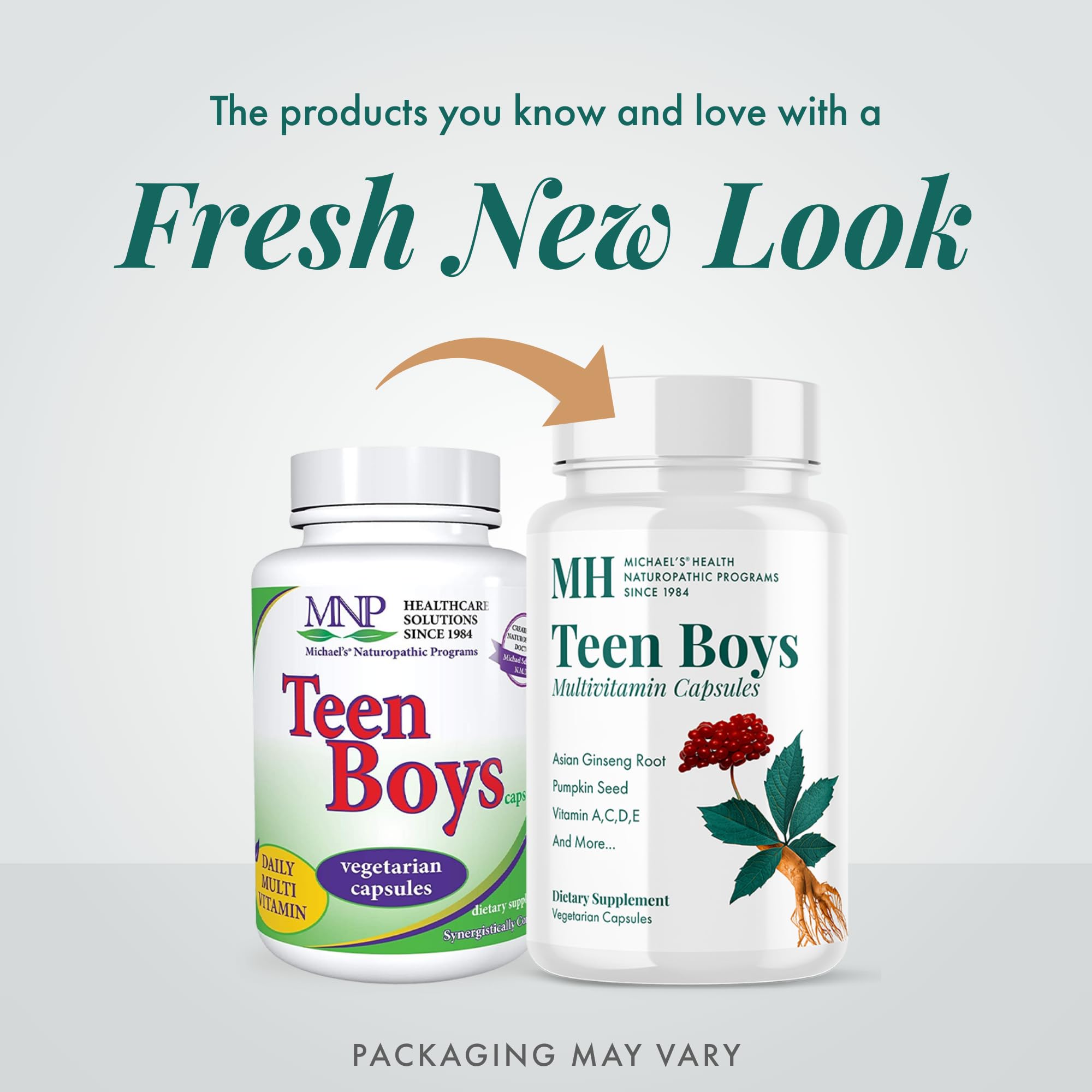 Michael's Health Teen Boys ingredients panel shows vegetarian formula and herbal blend