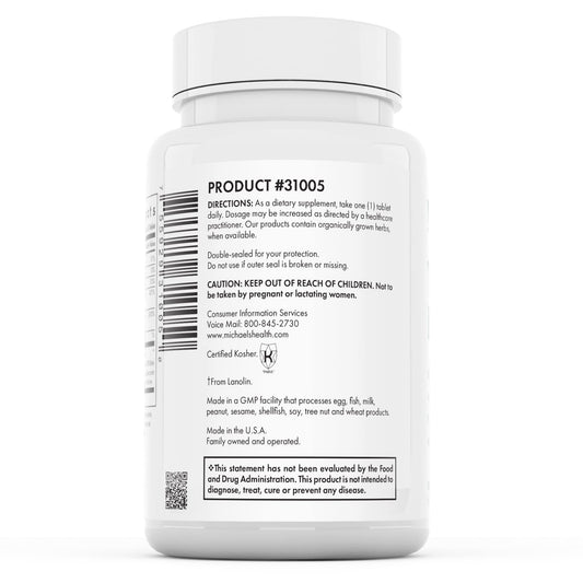 Michael's Testosterone Factors bottle side view, 60 servings of nutrient blend for everyday vitality.