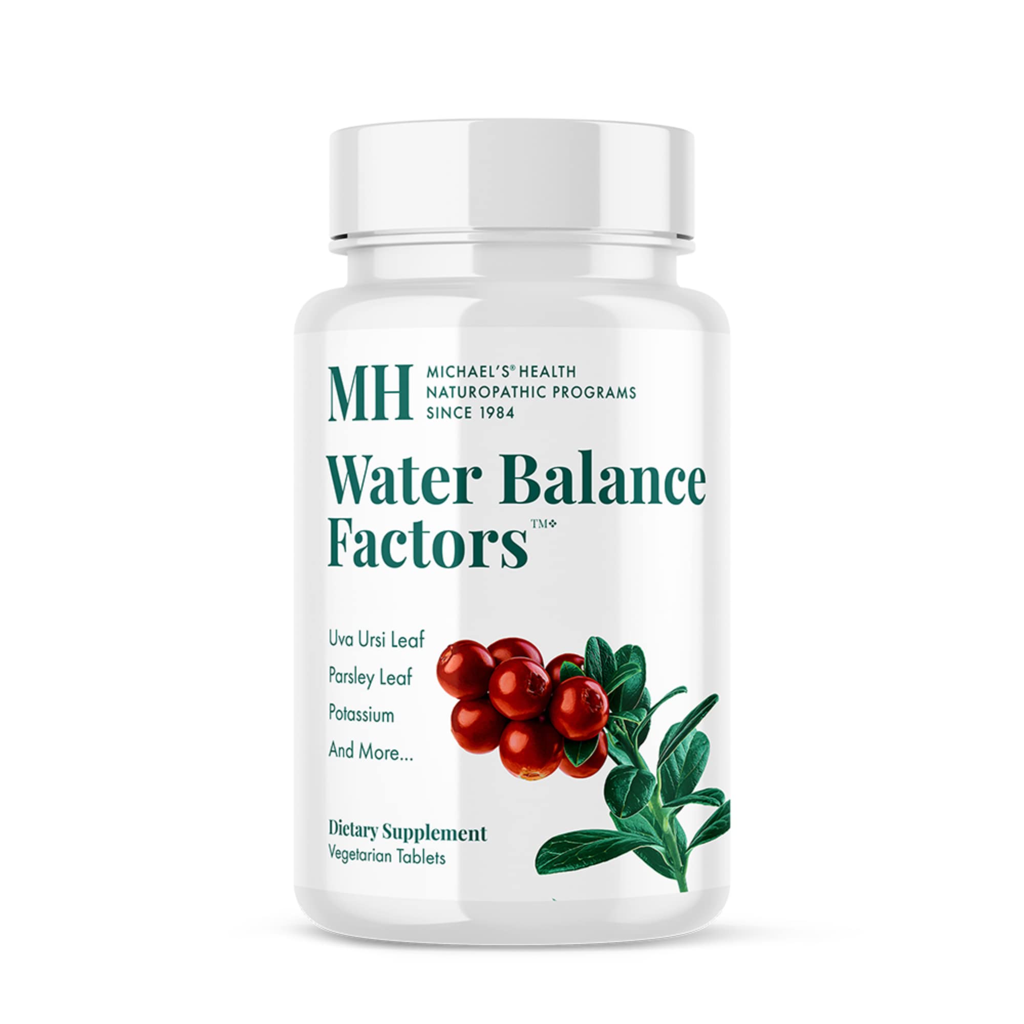 Michael's Water Balance Factors bottle with label highlighting potassium support for fluid balance.