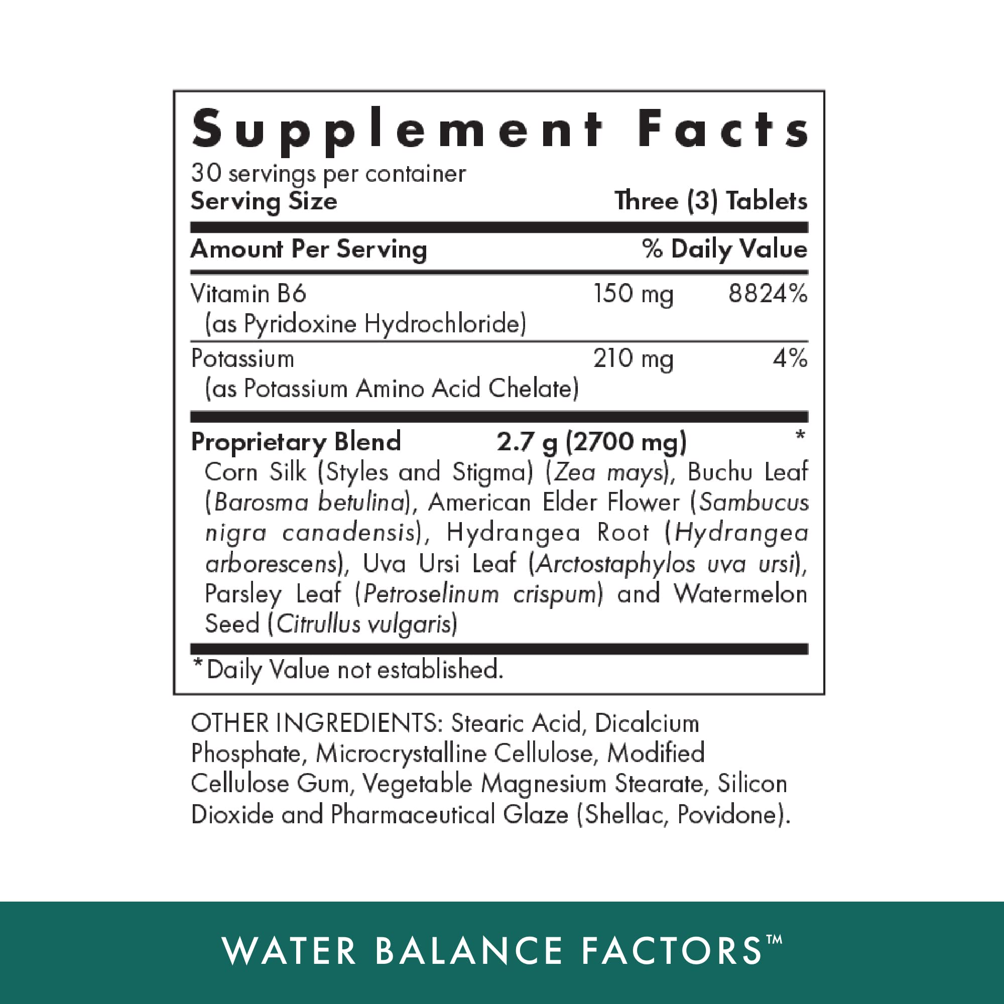 Michael's Water Balance Factors ingredients list shows potassium and vitamin B6 for balance.