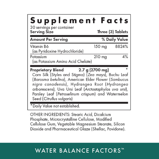 Michael's Water Balance Factors ingredients list shows potassium and vitamin B6 for balance.
