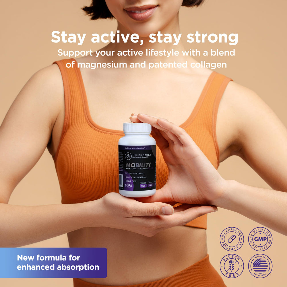 Michelle Peiret Mobility bottle label shows gluten-free and non-GMO features