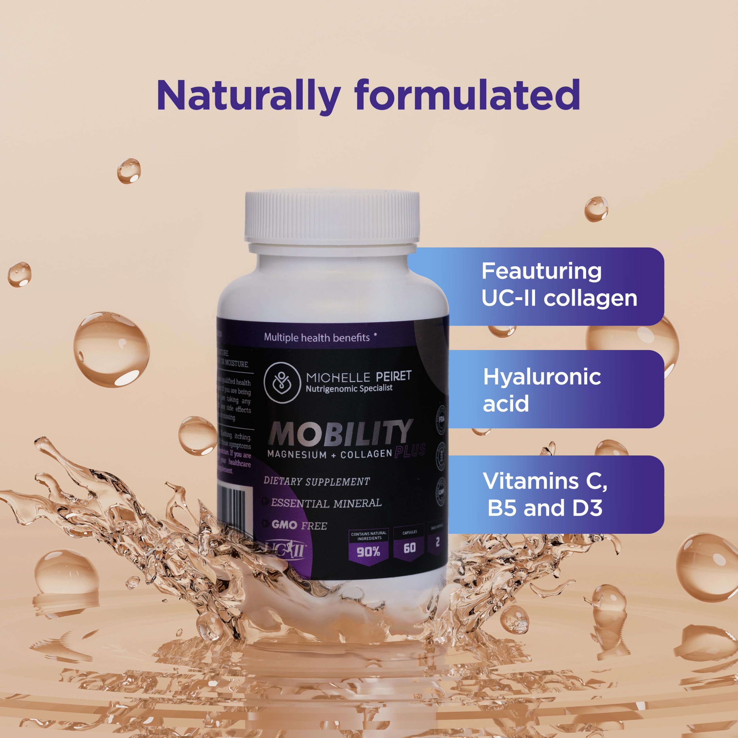 Michelle Peiret Mobility hyaluronic acid ingredient panel close-up suggesting hydration benefits
