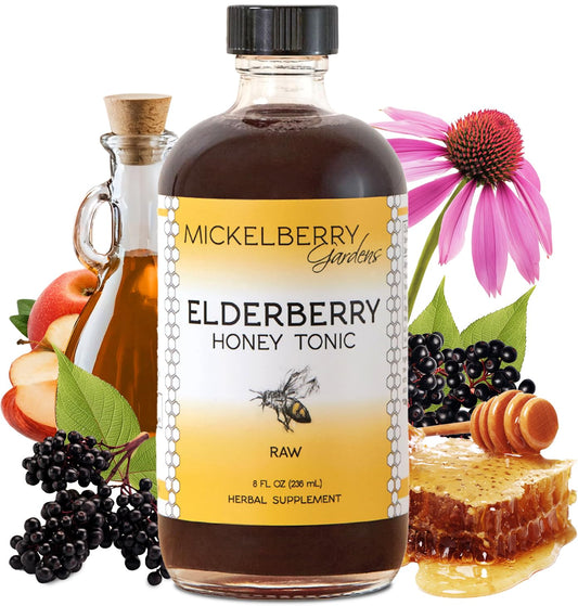 Mickelberry Gardens Elderberry Honey Tonic bottle close-up with amber color