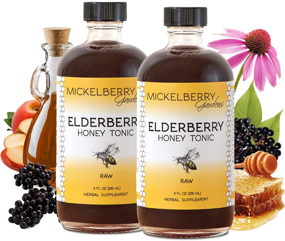 Mickelberry Gardens elderberry honey tonic bottle displaying the immune-support blend