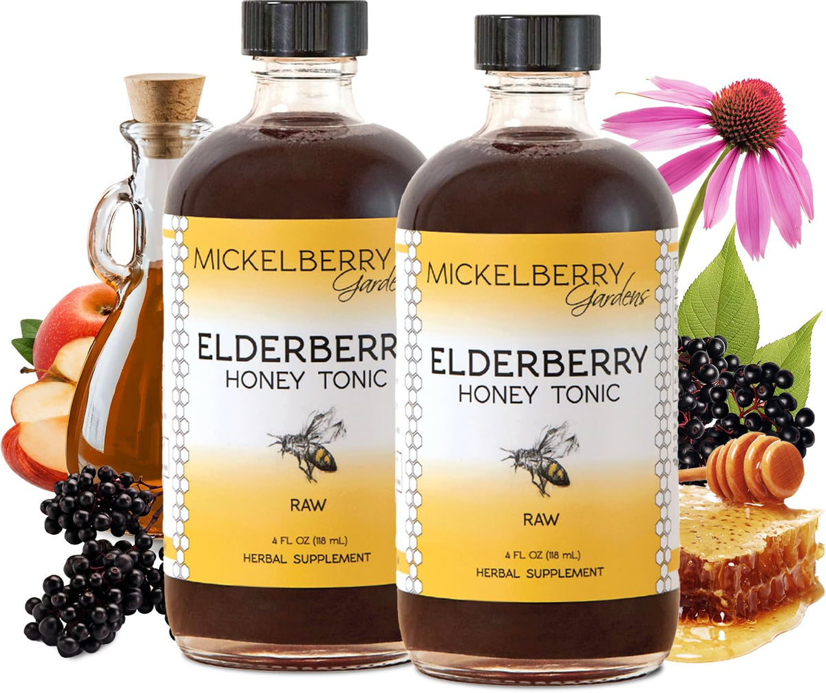 Mickelberry Gardens Elderberry Honey Tonic bottle shown for everyday wellness.