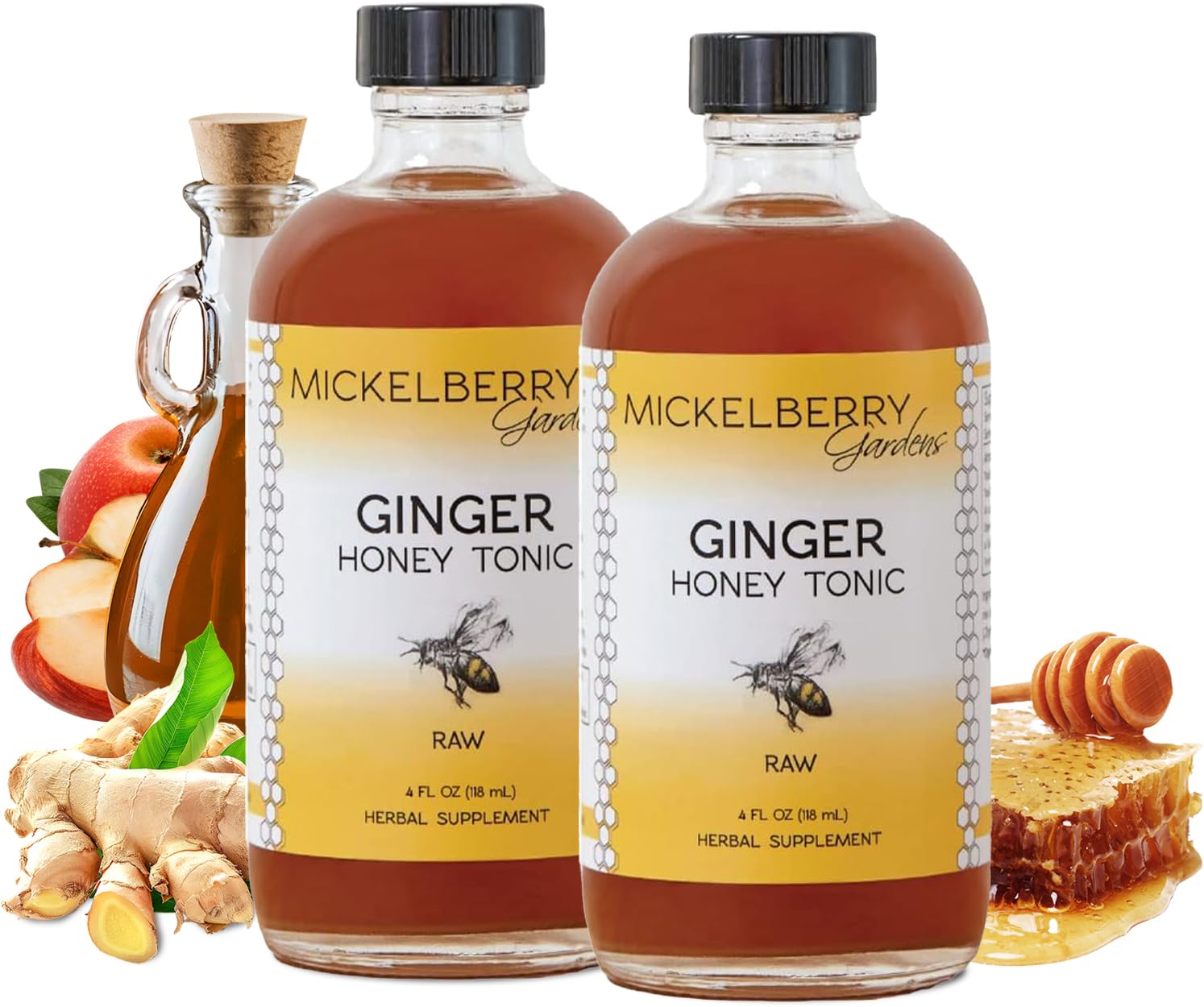 Mickelberry Gardens ginger honey tonic bottle for immune support and digestive comfort.