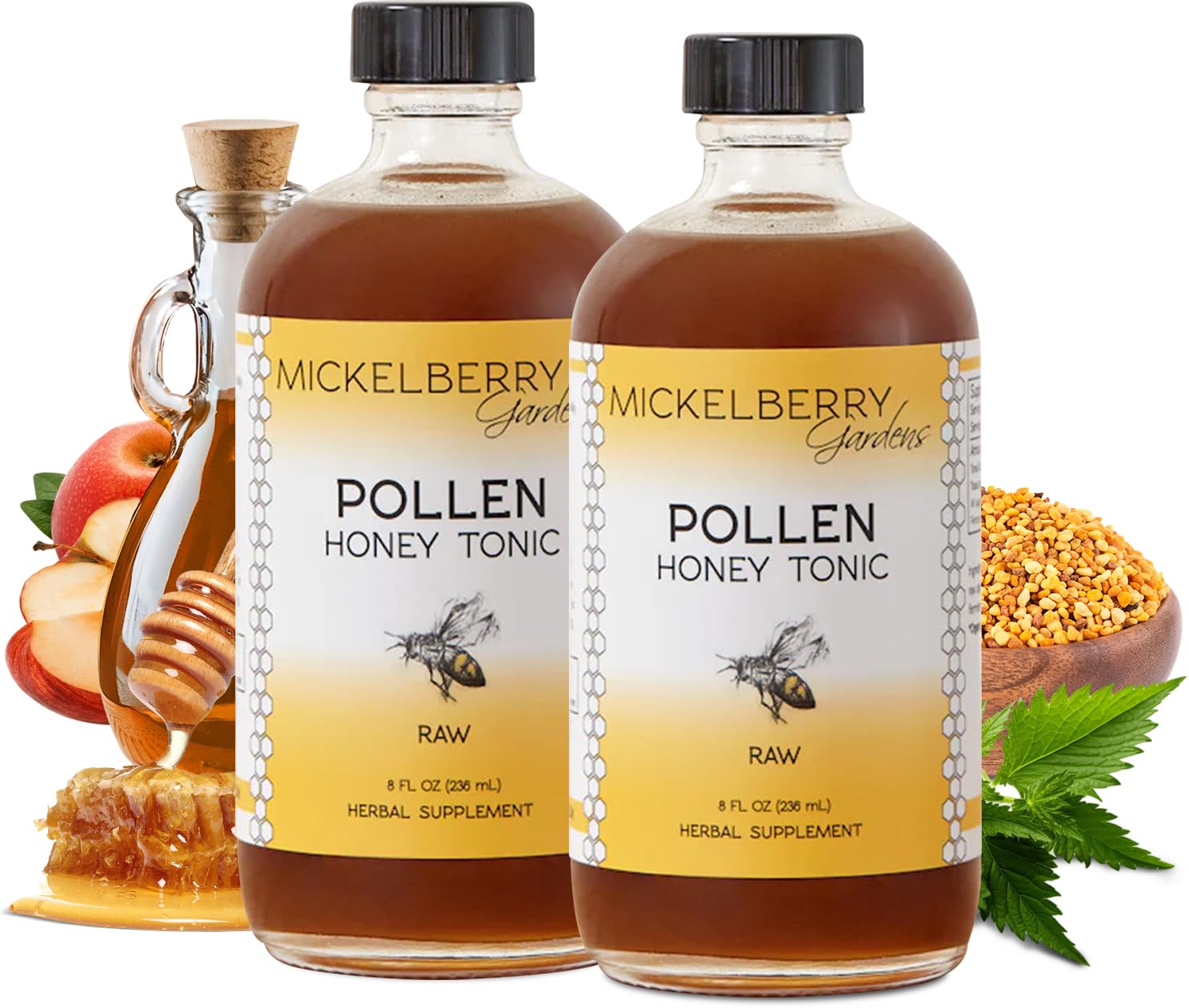 Mickelberry Gardens Pollen Honey Tonic bottle front showing label and natural blend for daily use
