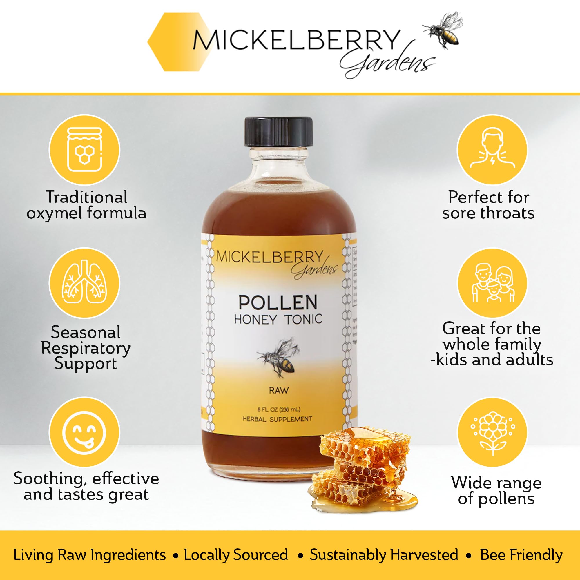 Mickelberry Gardens Pollen Honey Tonic bottle pour, ideal for tea or water