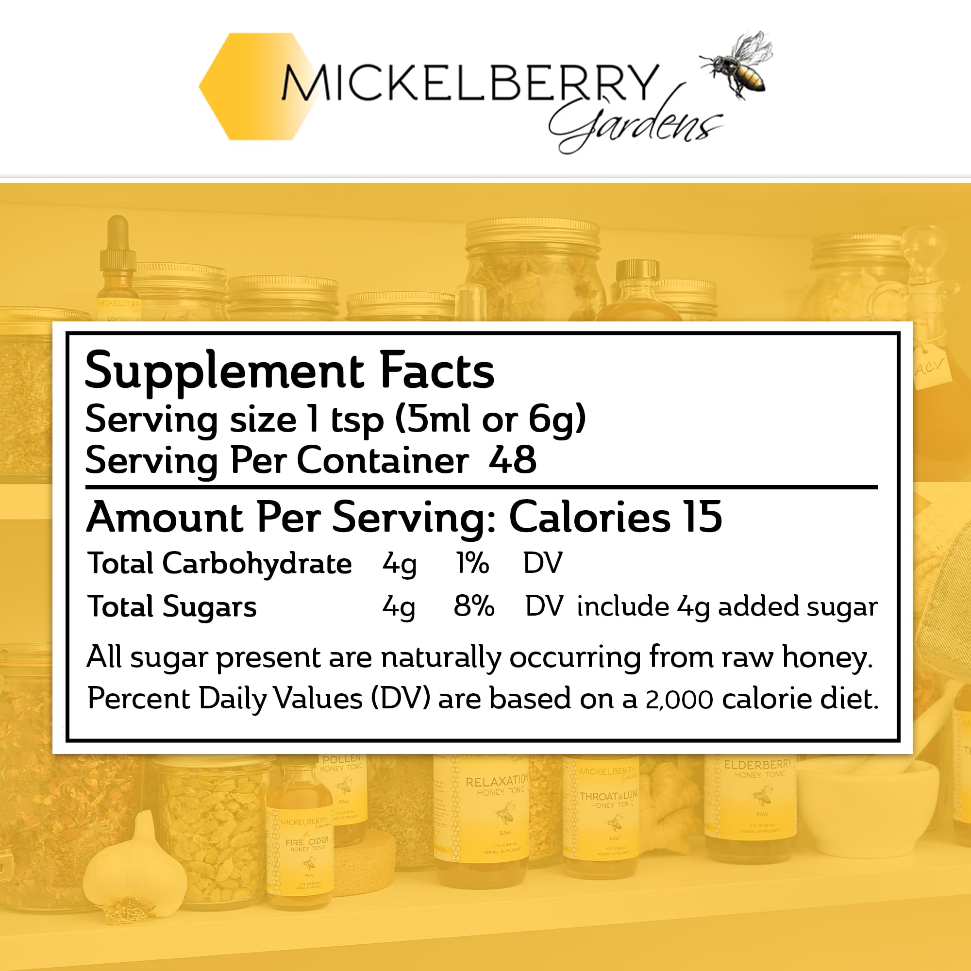 Label closeup on Mickelberry Gardens Pollen Honey Tonic highlighting ingredients