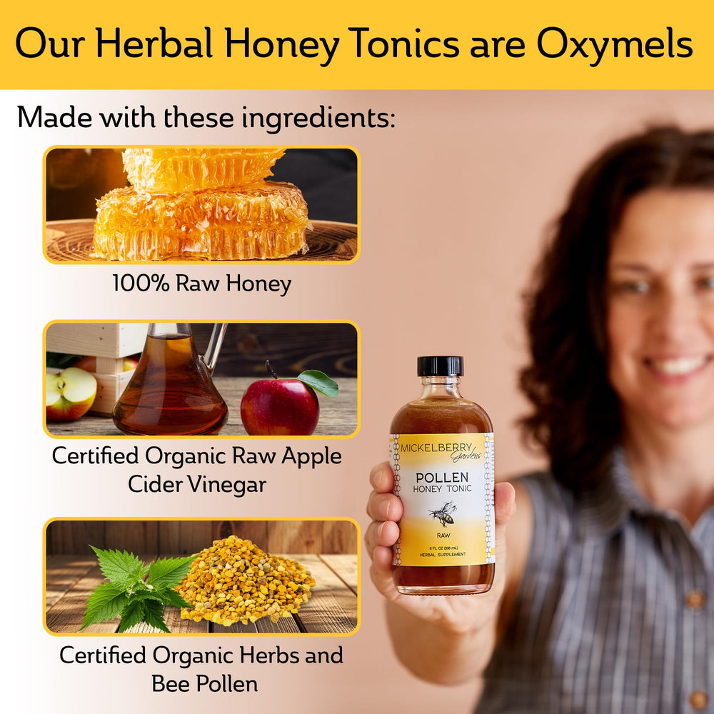 Mickelberry Gardens Pollen Honey Tonic label highlights sustainability and quality.