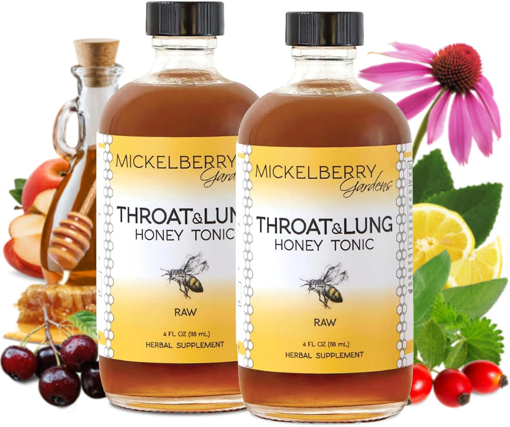 Mickelberry Gardens Throat & Lung Honey Tonic bottle with herbal blend.