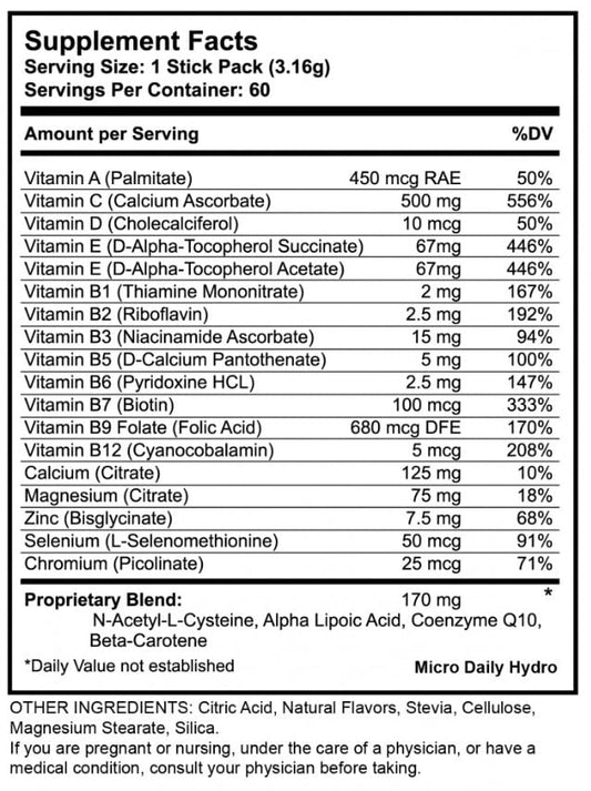 Micro Daily Hydro dissolving in an 8oz bottle for quick hydration and flavor