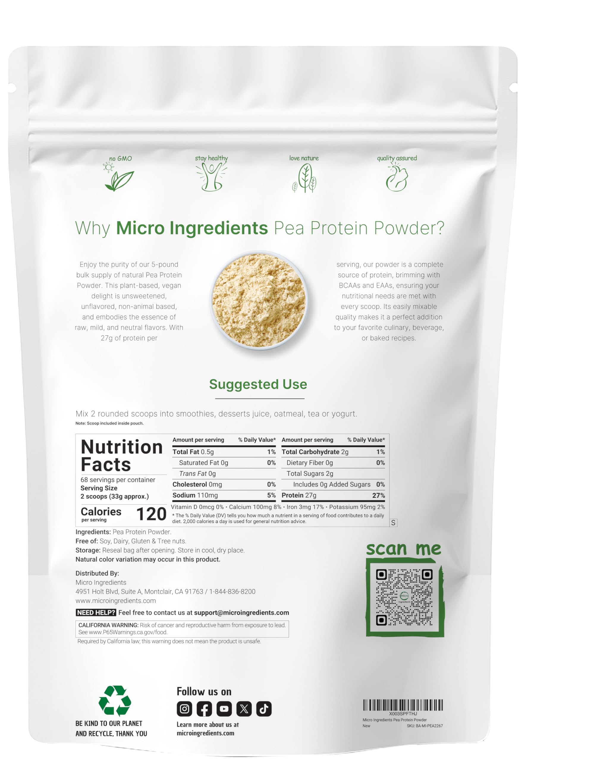 Micro Ingredients 5lb pea protein pouch—unflavored and versatile for baking and smoothies