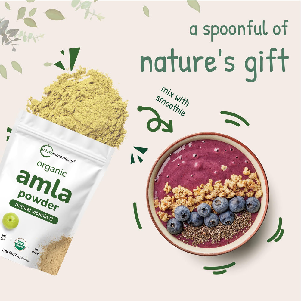 Micro Ingredients amla powder origin India label visible on container.
