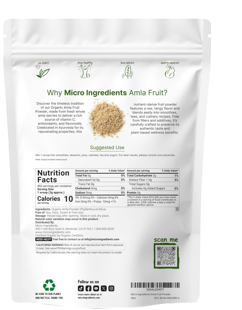 Micro Ingredients Amla powder scoop measures a 2 g serving for daily use.