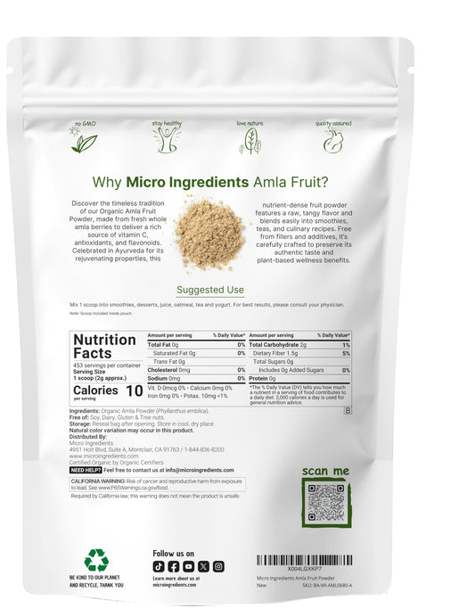 Micro Ingredients Amla powder scoop measures a 2 g serving for daily use.