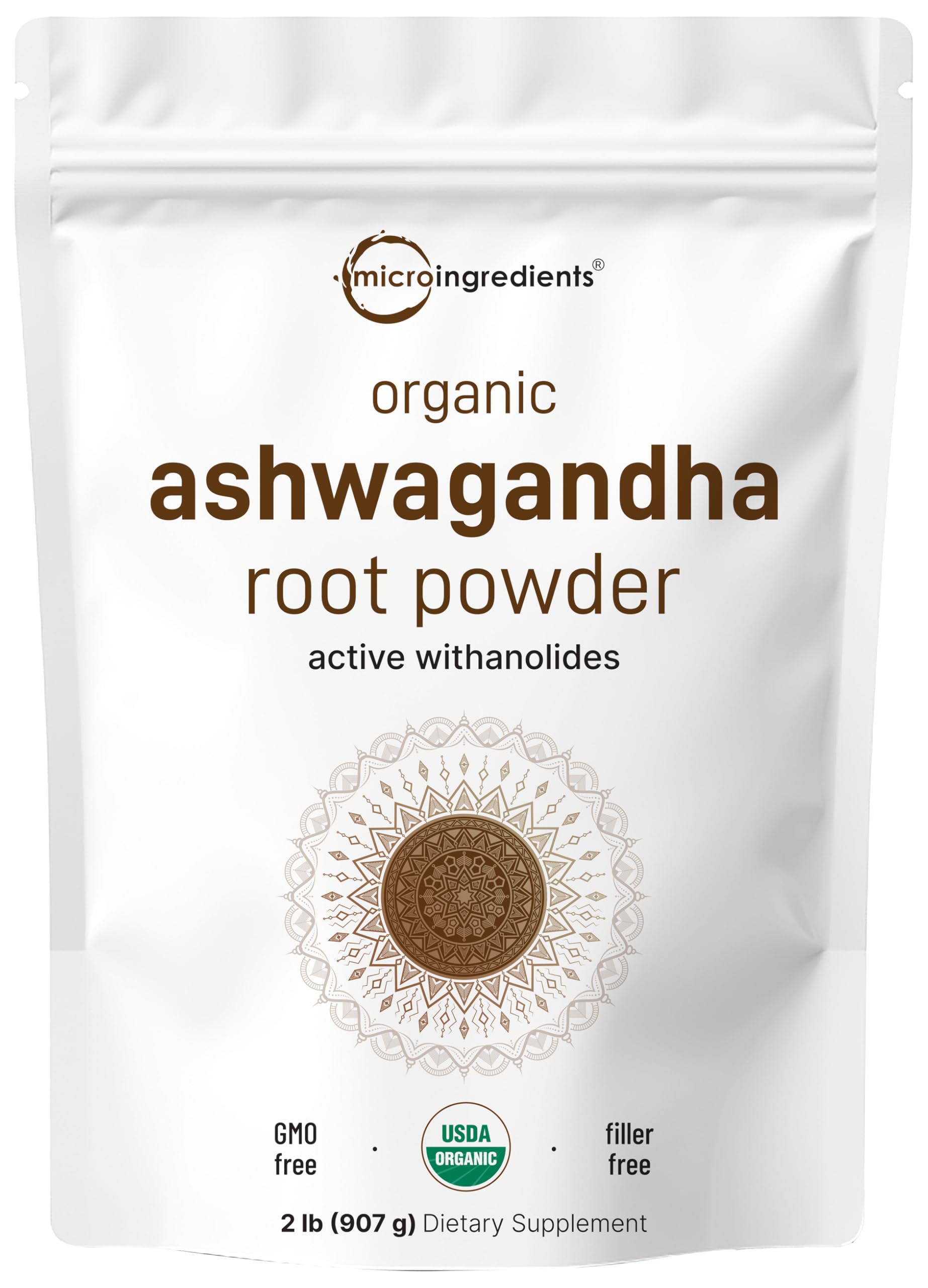 Micro Ingredients organic ashwagandha root powder pouch for daily adaptogenic routine.
