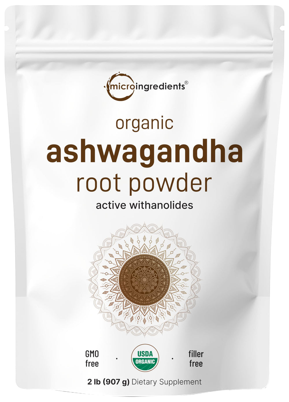 Micro Ingredients organic ashwagandha root powder pouch for daily adaptogenic routine.