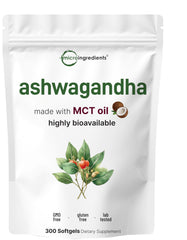 Micro Ingredients ashwagandha softgels bottle emphasizing absorption with coconut MCT oil